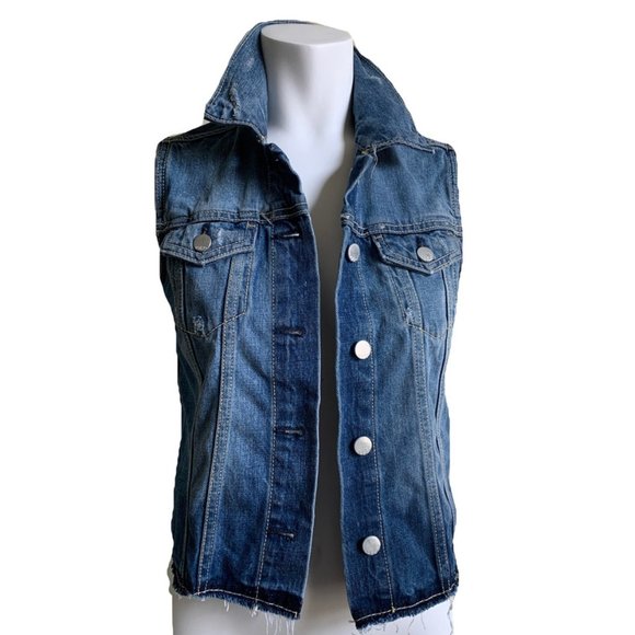 Gap 1969 Distressed Medium Ombre Wash Raw Hem Denim Vest with Flap Pockets XS - Picture 1 of 10